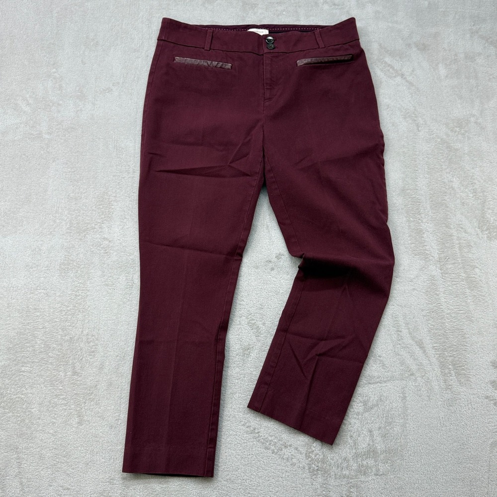 Anthropologie Essential Slim Pants Womens 10 Burgundy Faux Leather Trim Trousers